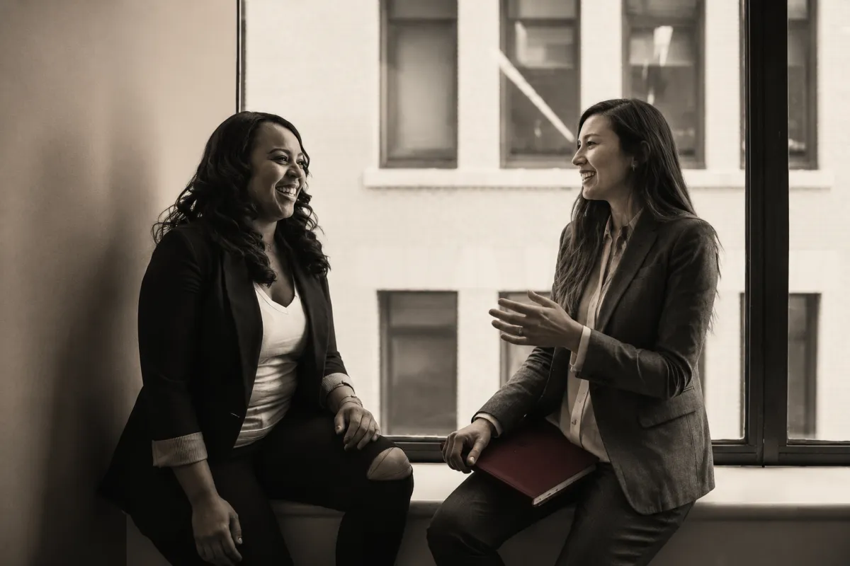 Two experienced women leaders having an honest feedback conversation in a warm editorial monochrome photograph.