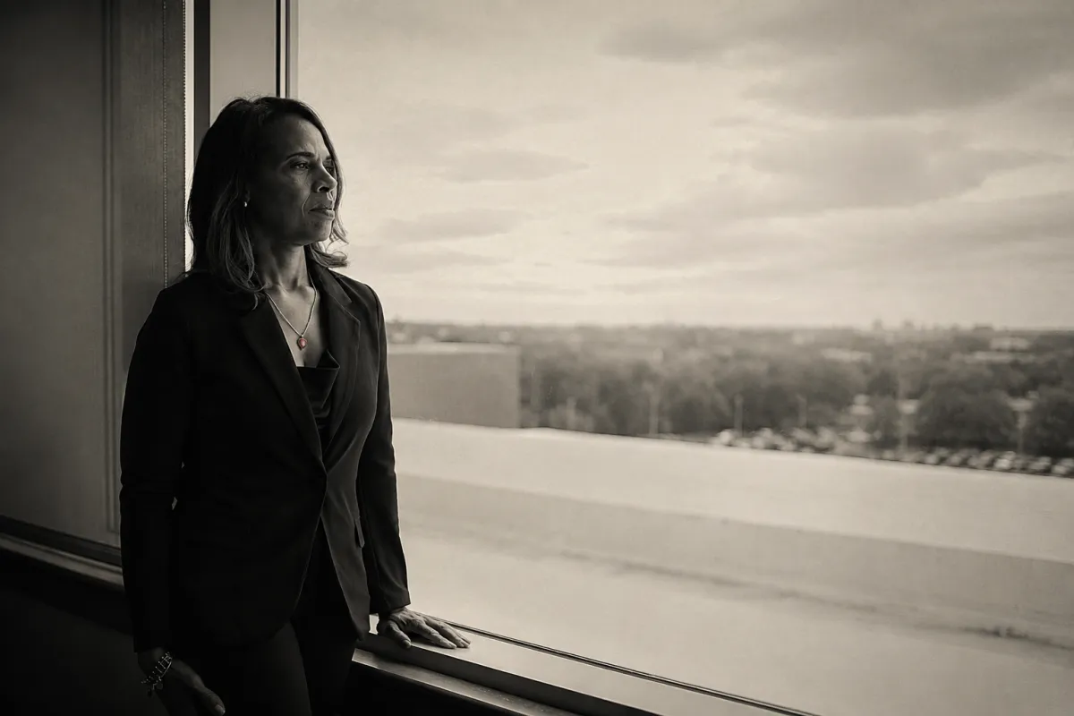 An experienced Black woman leader reflecting thoughtfully in a warm editorial monochrome photograph.