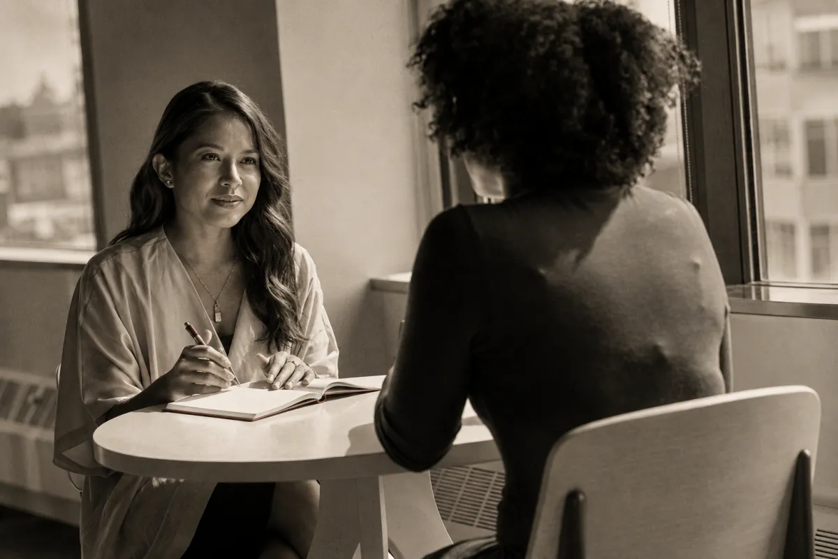 An experienced woman leader listening carefully to a colleague in a warm editorial monochrome photograph.