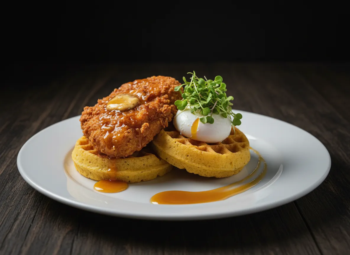 Comfort food main course with teal-inspired plating