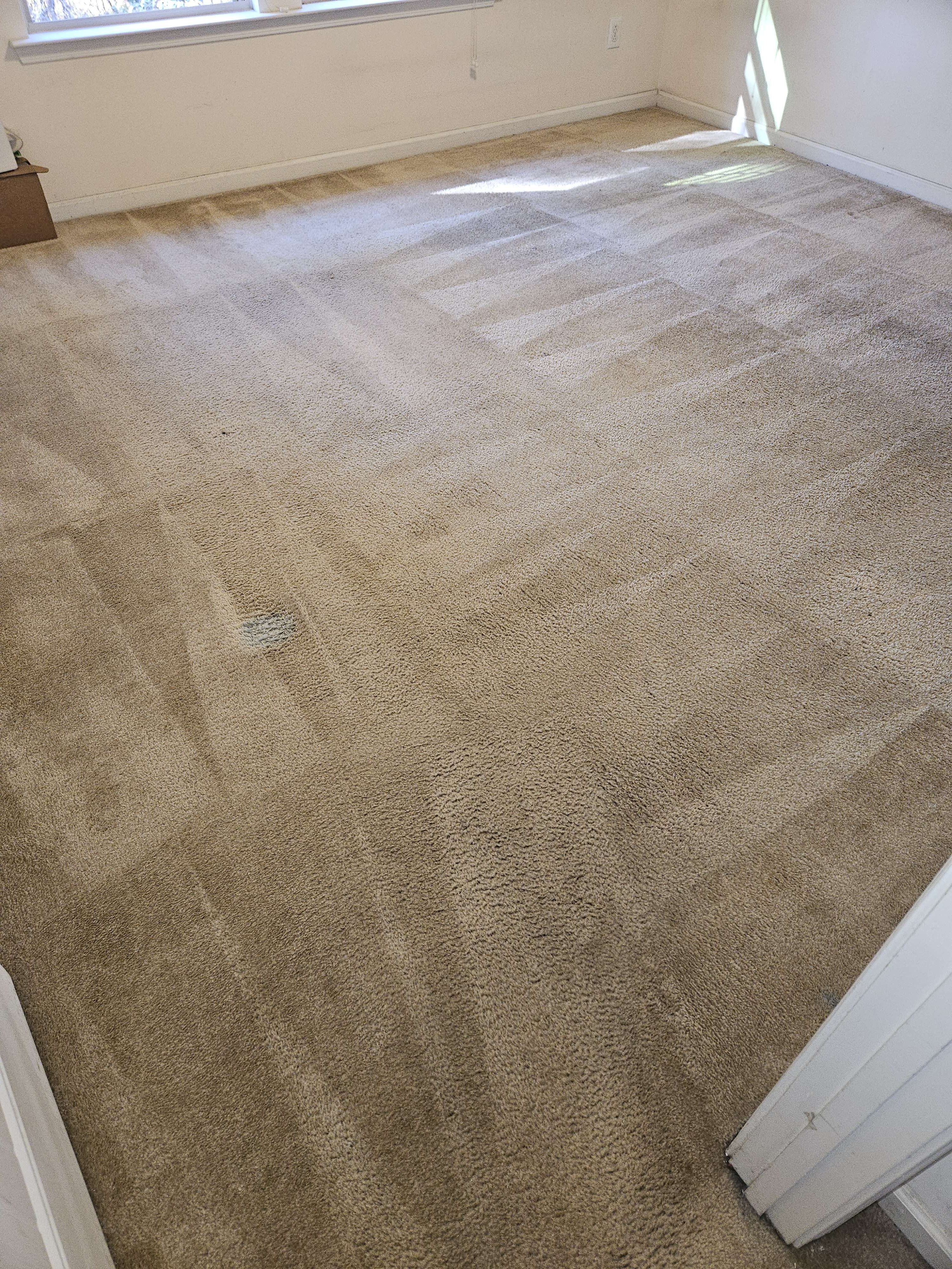 a woman in a green shirt and black gloves vacuuming a gray ottoman