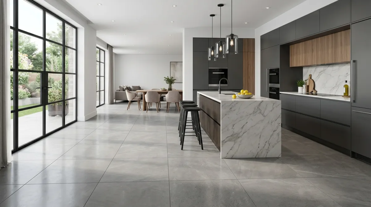 Tile flooring installation project in a Tulsa kitchen with modern ceramic tile