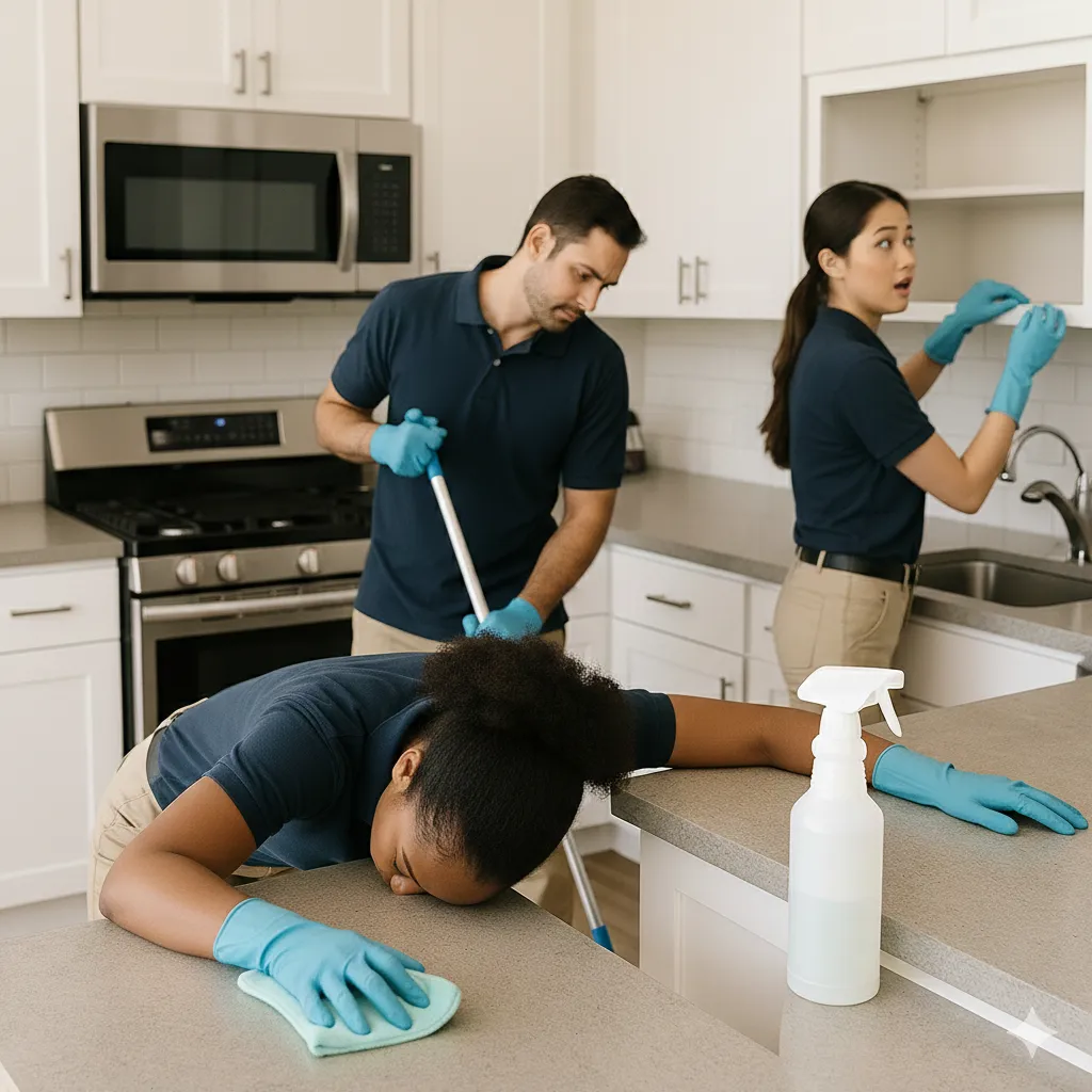 Exhausted vacation rental housekeeping manager after spring break rush, standing in a messy supply room with cleaning tools, linens, and turnover supplies, showing post-season fatigue and the need for an operational reset.