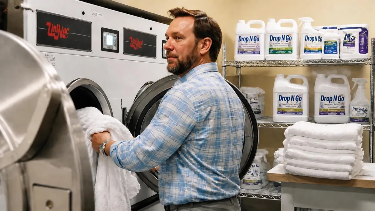 Sean Kemper in a commercial laundry facility, removing fresh, folded linens from an industrial dryer, with a organized wire shelf of Drop N Go professional cleaning refill bottles visible in the background.