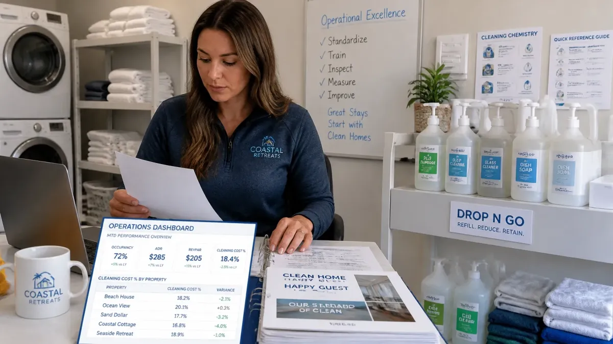 Multi-property vacation rental operations manager reviewing cleaning chemistry, training materials, and cost metrics alongside organized Drop N Go supplies.