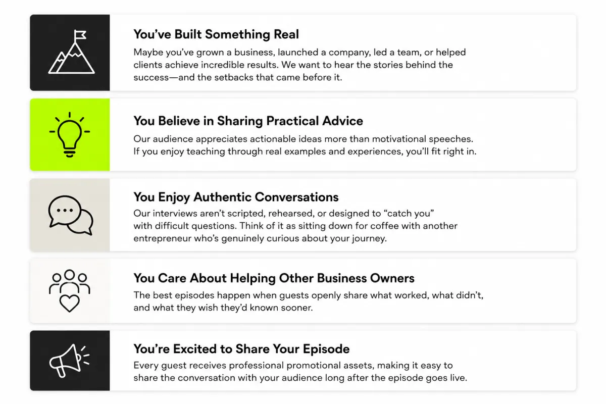 Five qualities of an ideal Built to Scale Podcast guest, including business experience, practical expertise, authentic conversation, helping other entrepreneurs, and sharing valuable business lessons.