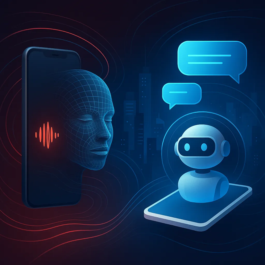 A close-up of two digital interfaces: one showing a voice waveform and the other a chatbot conversation, both floating above a desk with business documents, in a bright, modern workspace, emphasizing integration and clarity.