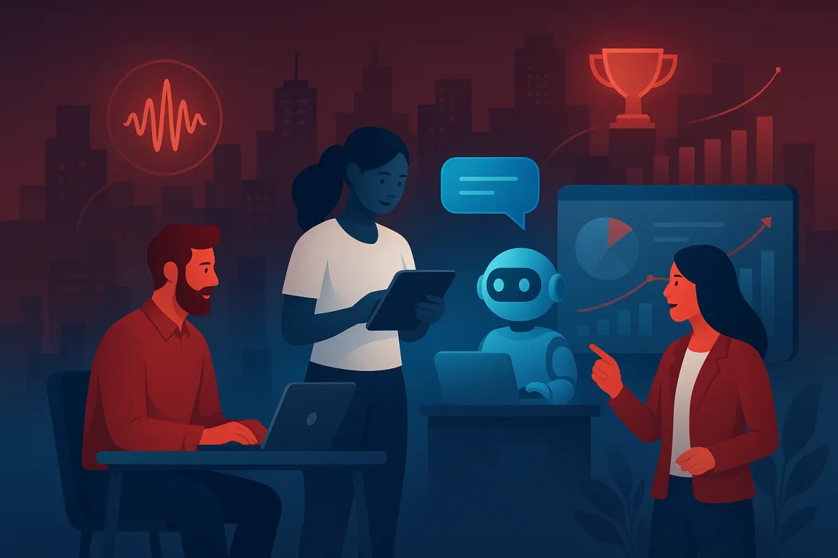 A small business team of three, including a woman and two men of different ages, collaborating around a laptop displaying AI analytics, in a sunlit workspace with plants and creative decor, expressing excitement and teamwork.