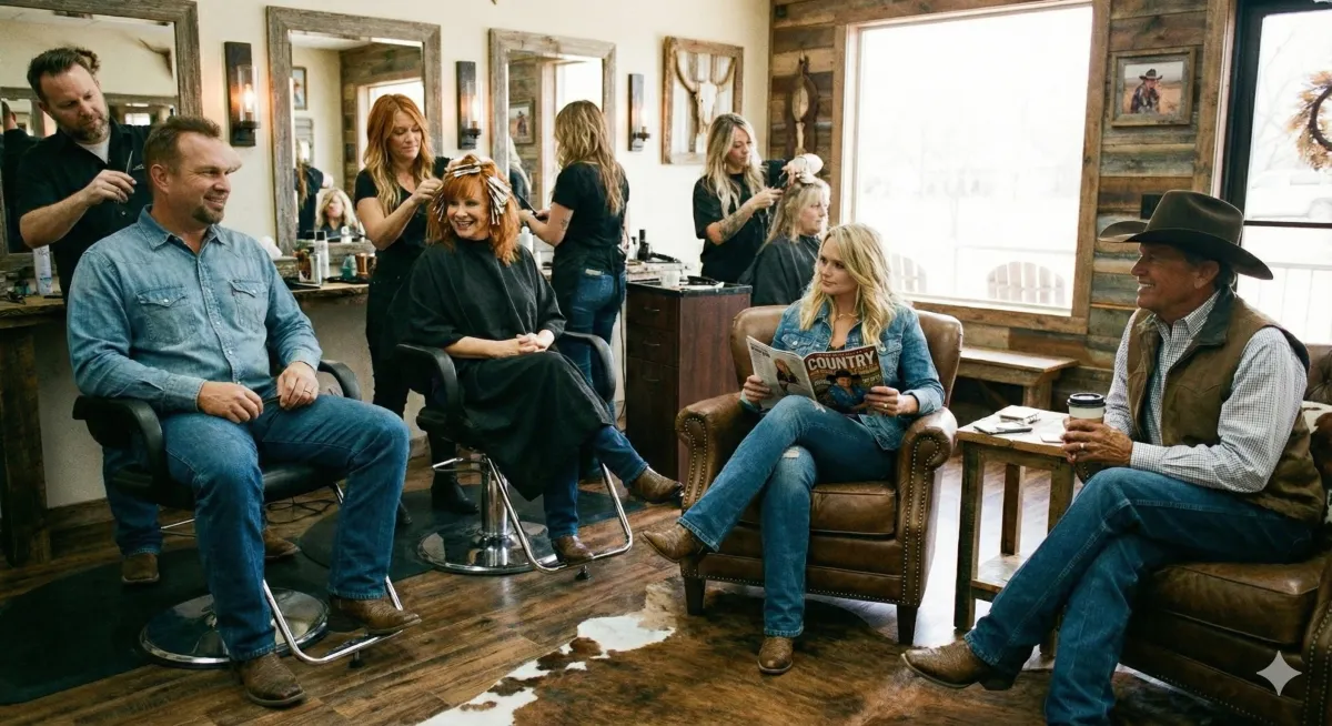A friendly stylist consulting with a client, both smiling, in a bright salon. The stylist holds a comb and scissors, while the client gestures toward a style magazine. The atmosphere is warm, welcoming, and attentive.