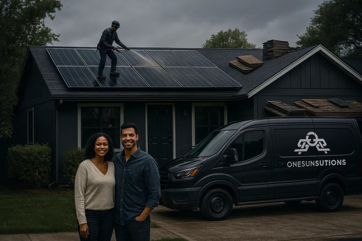 Happy family standing in front of their modern home with solar panels on the roof, symbolizing clean energy and long-term savings.