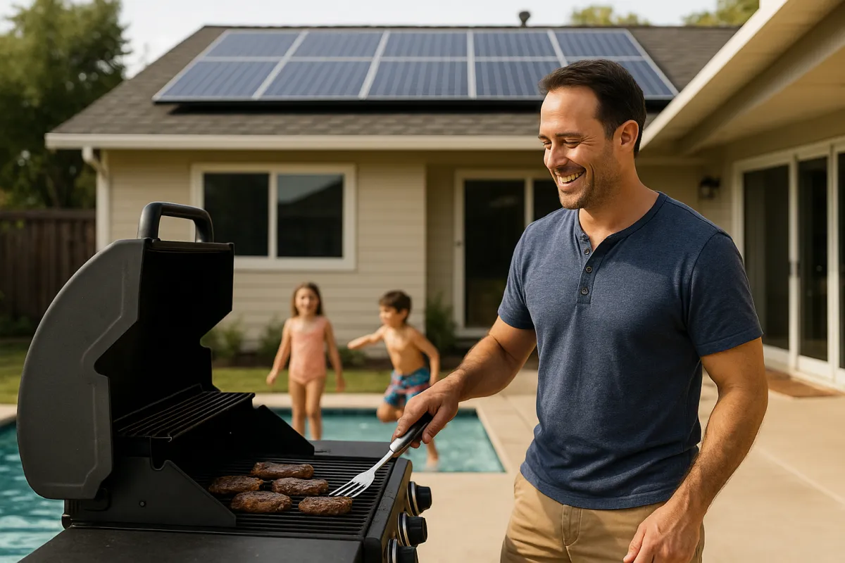 Family enjoying a backyard barbecue with children playing near a solar-powered pool, and rooftop solar panels visible in the background.
