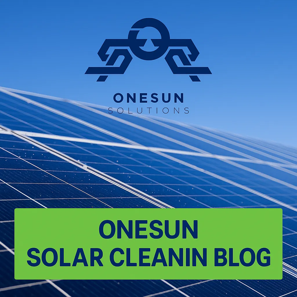 Close-up of clean solar panels glistening under a clear blue sky, with the One Sun Solutions logo centered above. A green banner at the bottom reads 'ONESUN SOLAR CLEANING BLOG' in bold dark blue text.