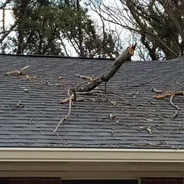 Storm debris including branches and leaves scattered across a residential roof, indicating potential roof damage after severe weather.”