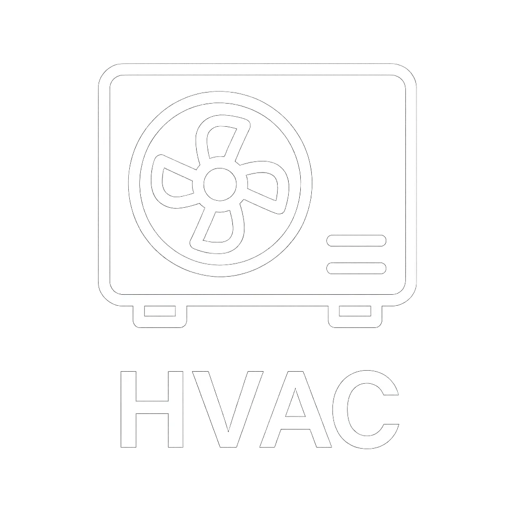 White vector icon of an HVAC system with fan blades inside a square unit, representing HVAC installation service, on a transparent background
