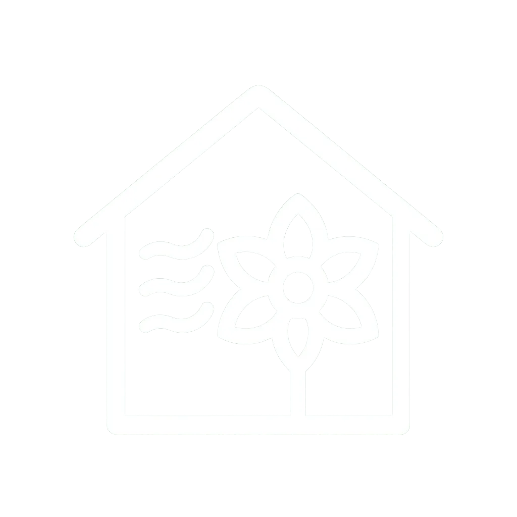 White vector icon of a house with a flower and airflow lines inside, representing indoor air quality solutions, on a transparent background.”