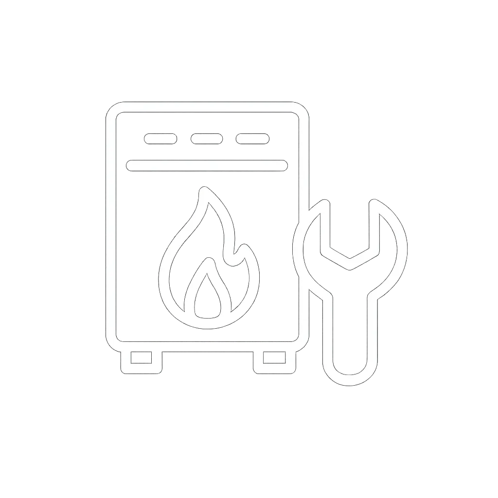 White vector icon of a furnace with heat waves rising above it, representing heating repair and furnace services, on a transparent background.