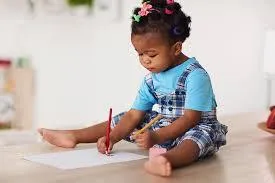 Girl stretches to the side while watching teacher on large screen TV