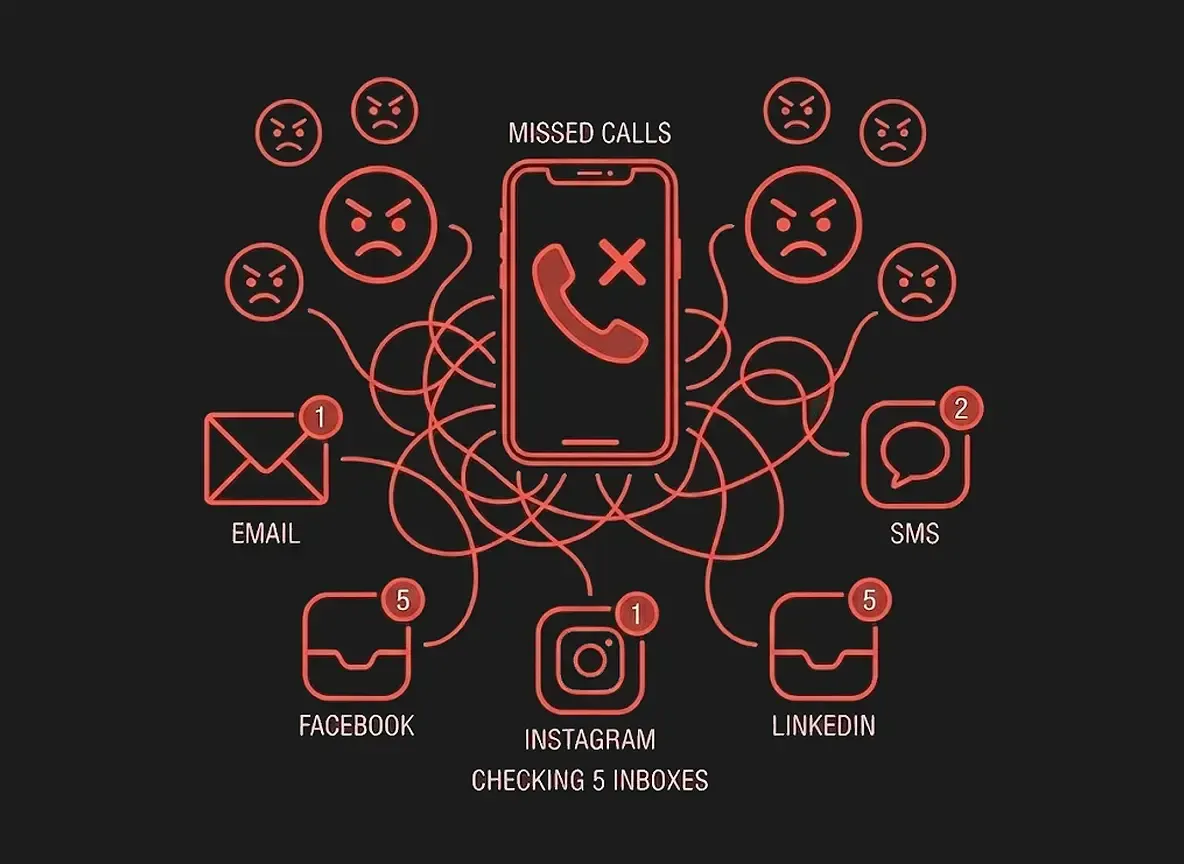 Infographic: removed glowing 'THE OLD WAY'; 'FRUSTRATED CUSTOMERS' text is crisp and modern; missed calls and scheduling chaos with teal and purple flat icons