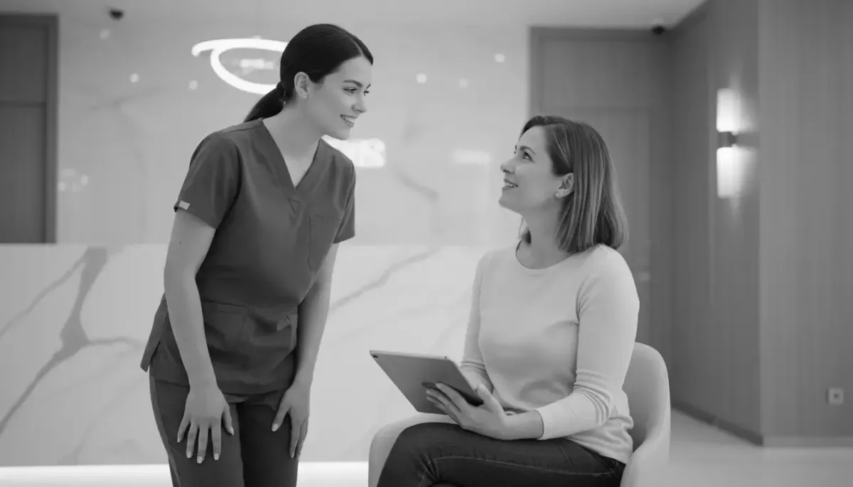 BUSINESS INDUSTRY staff member in scrubs warmly assisting a client.
