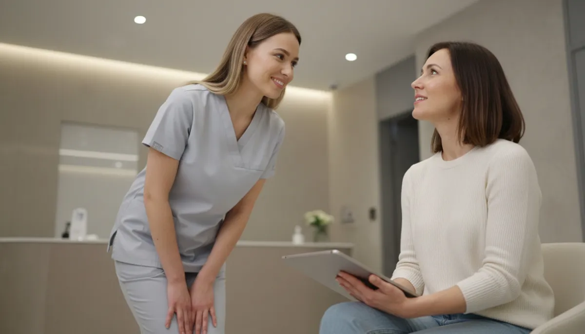Cosmetic Dental staff member in scrubs warmly assisting a client.