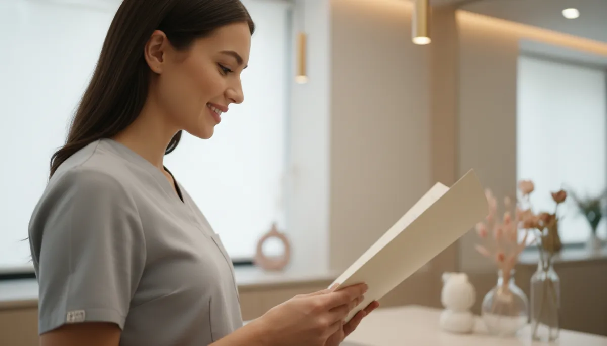 Medical Spa staff member glancing at a folder with a patient's medical information.