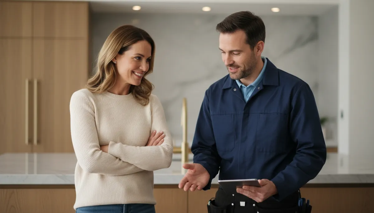 Plumbing staff member in scrubs warmly assisting a client.