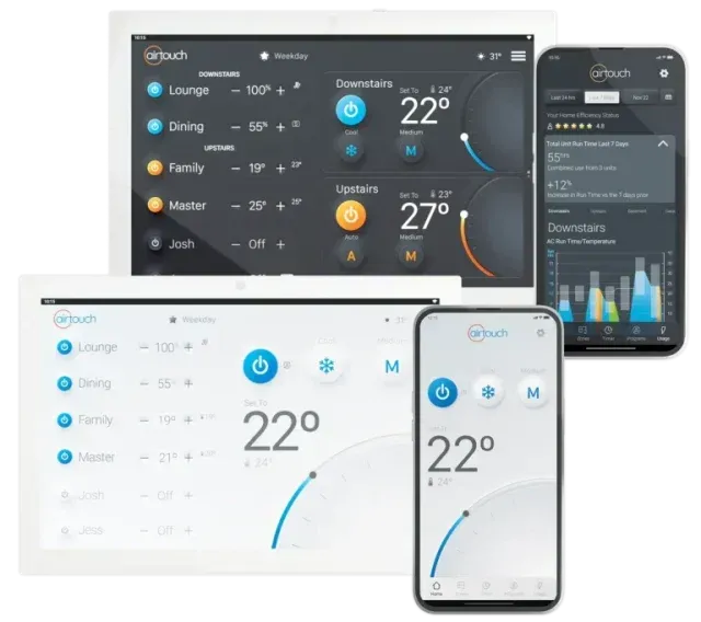 Smart home integration interface showing a tablet and smartphone with a climate control app.
