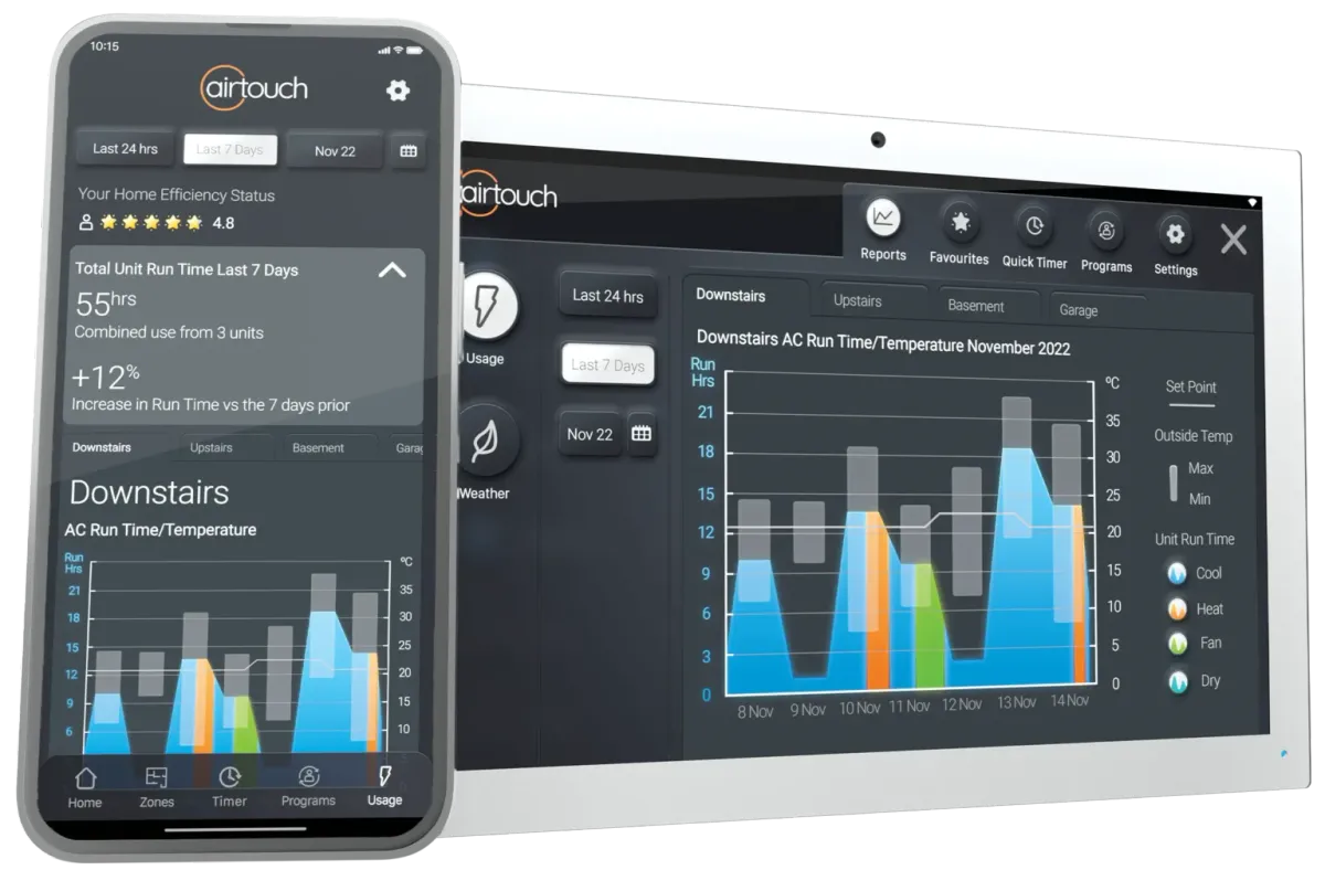 AirTouch 5 control panel mounted on a wall with two smartphones displaying the companion app interface.