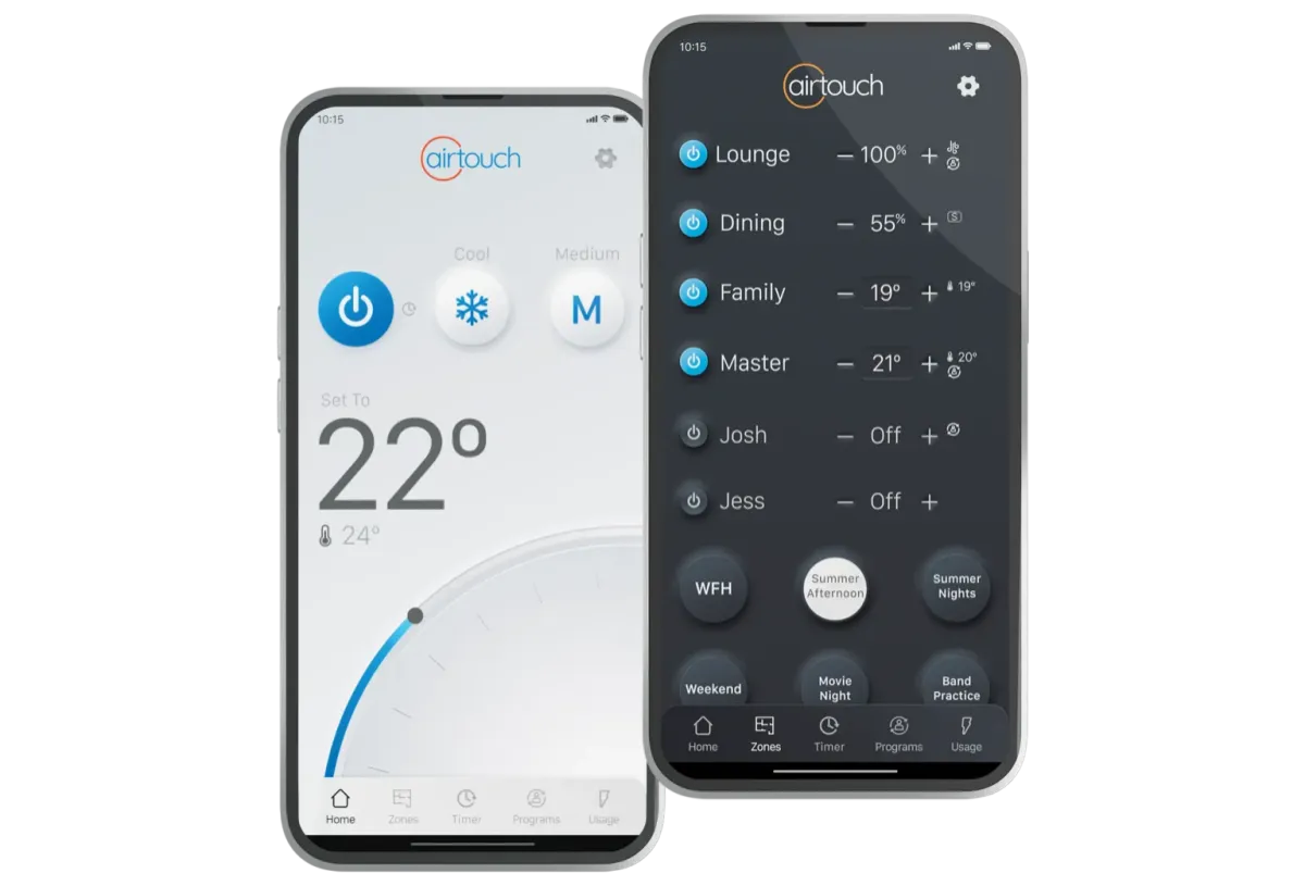 AirTouch 5 control panel next to a smartphone showing the app interface.