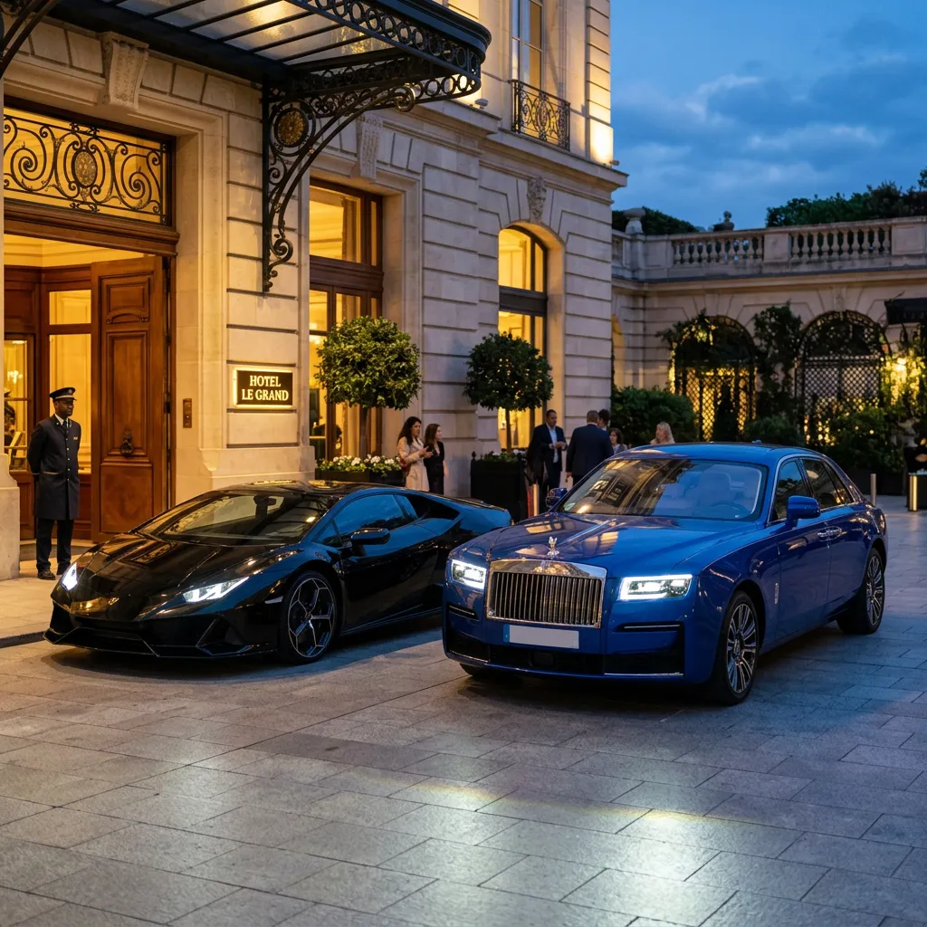 Lamborghini Huracán and Rolls-Royce Ghost parked outside luxury hotel