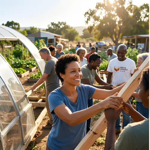 Community volunteers showing the impact of one-time giving and sustainable donations