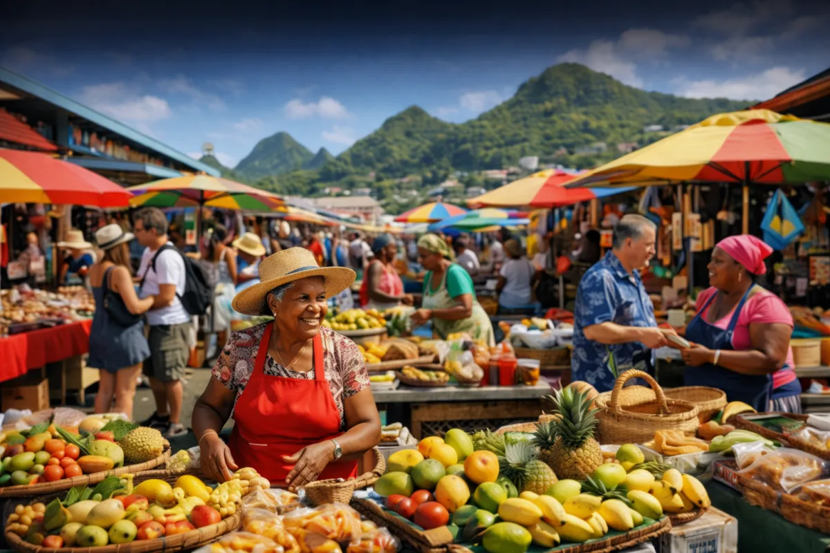 Community market with local vendors and fresh produce representing sustainable impact and economic growth