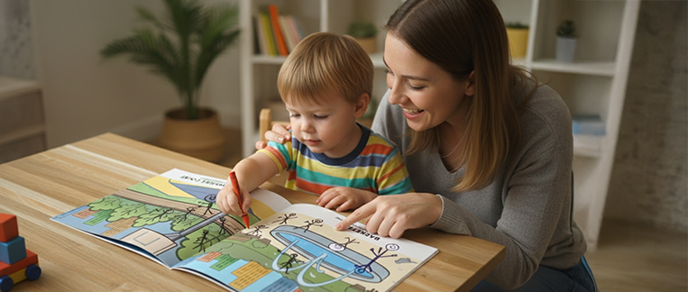 a bed with a tray of books on top of it
