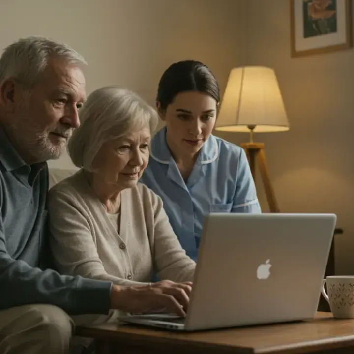 A nurse elping an elderly couple with the computer
