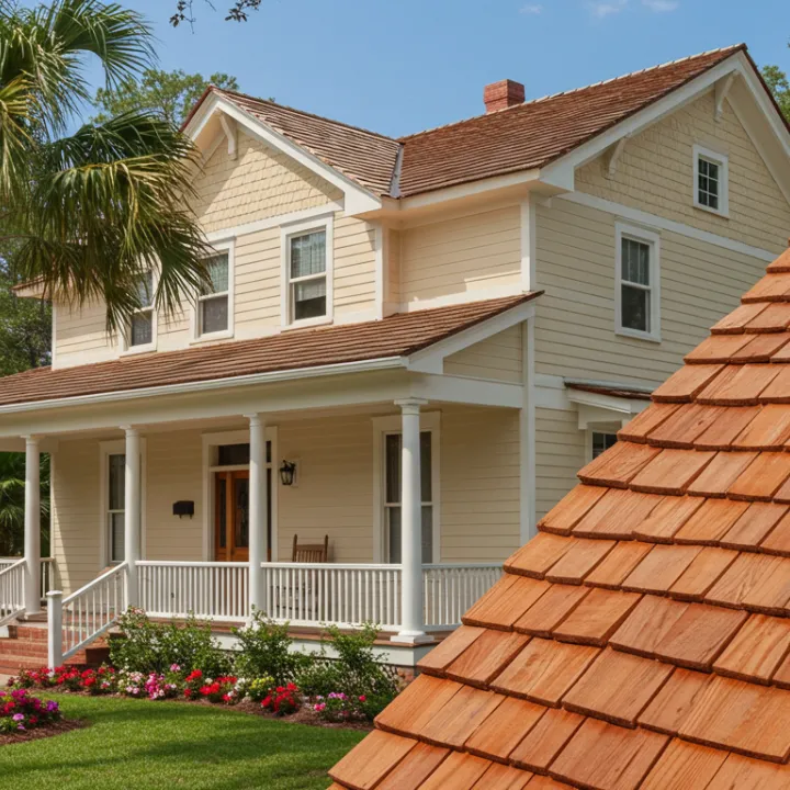 A home n Orlando with a wood shake roof.