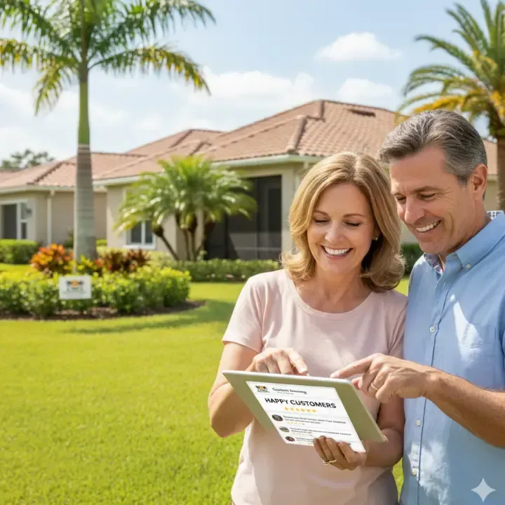 Happy customers looking at their beautiful lawn in St Augustine