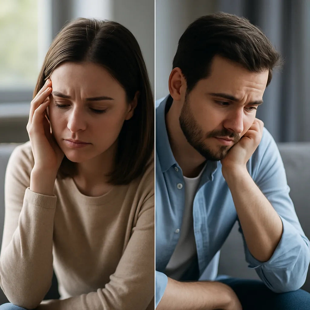 Man and woman sitting sadly, feeling stuck and overwhelmed before personal growth