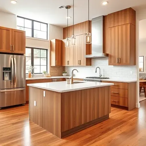 Modern kitchen remodel in Taylorsville KY with warm wood cabinetry marble island stainless steel appliances and pendant lighting.