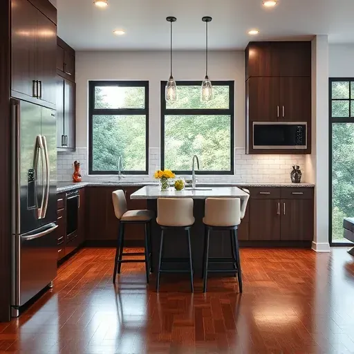 Modern kitchen remodel in Chaplin KY with stainless steel appliances, granite counters, and dark wood cabinetry.