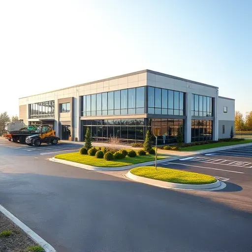 Completed modern commercial building in Lawrenceburg KY with glass windows, landscaped surroundings, and freshly paved parking