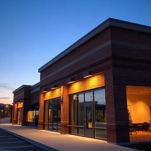Modern commercial building with evenly spaced LED lighting illuminating brick and glass facade at dusk in Lawrenceburg KY