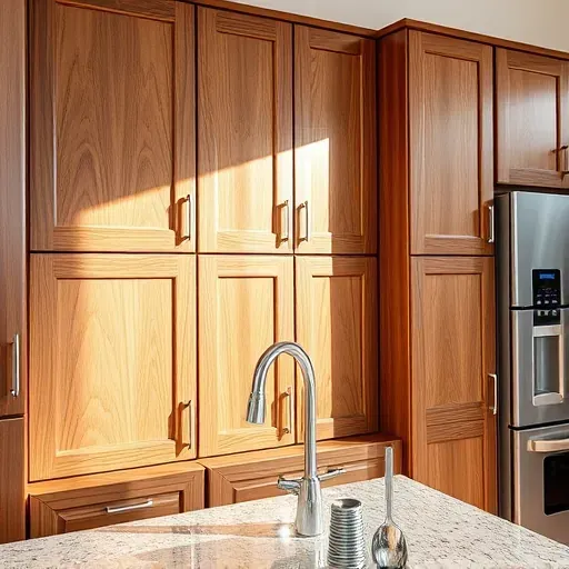 Custom wooden kitchen cabinets with detailed woodgrain, polished surfaces, and modern appliances in a bright contemporary kitchen