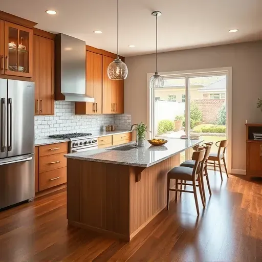 Recently remodeled kitchen in Alton KY with modern wood cabinetry stainless steel appliances granite island and backyard view