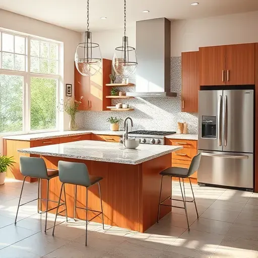 Modern kitchen in Willisburg KY with warm wood cabinets granite countertops stainless steel appliances large island pendant lights mosaic backsplash and natural light