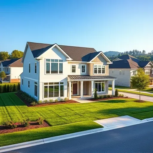 Newly completed modern residential home in Lawrenceburg KY with large windows landscaped yard and rolling hills background