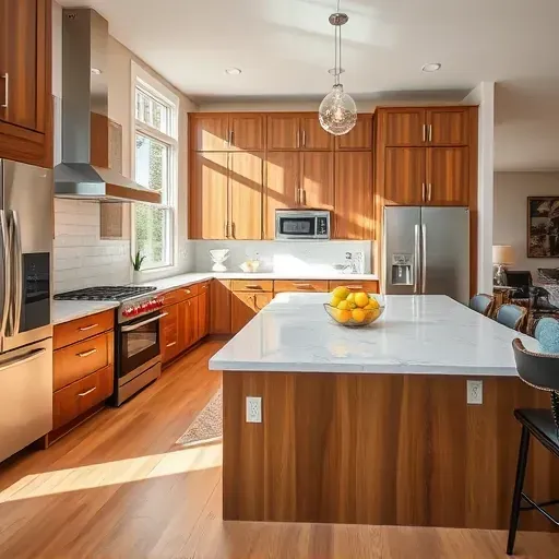 Remodeled Midway Kentucky kitchen with modern wood cabinets stainless steel appliances marble island hardwood floors and natural lighting