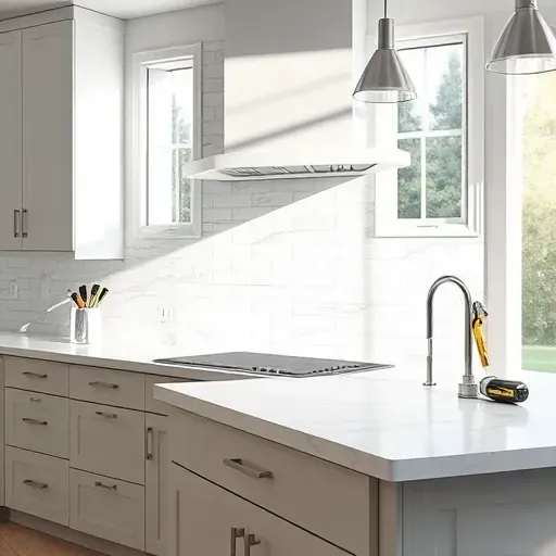 Modern Lawrenceburg Kentucky kitchen with white marble countertops and glossy gray subway tile backsplash.