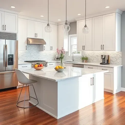 Modern kitchen remodel in Stamping Ground KY with marble island, sleek appliances, and stylish decor elements.