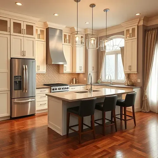 Stunning remodeled kitchen in Smithfield KY featuring sleek white cabinets, quartz island, and warm hardwood floors.