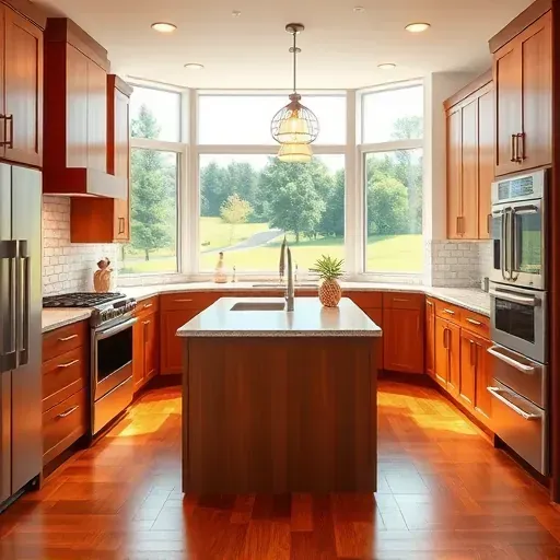 Completed modern kitchen in Stamping Ground KY with wood cabinets stainless appliances granite counters large island hardwood floors large windows